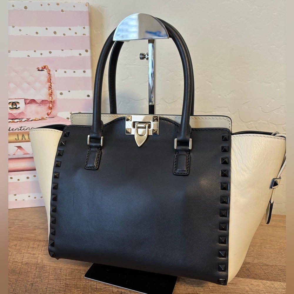 VALENTINO GARAVANI Black & Cream Stud-Trim Satchel Handbag